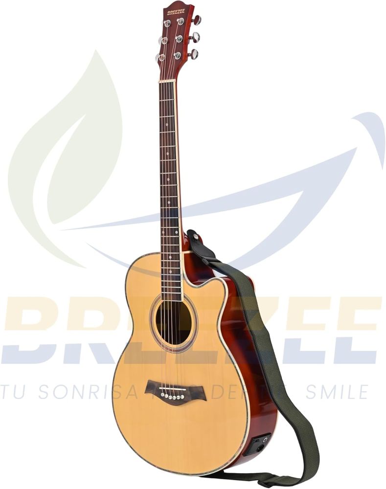 Guitarra Electroacústica de 40” Diseñada sobre Abeto, Merbau, Okume y Palisandro. Acabado de Barniz en Pulverización, Incluye Set de Accesorios Completo para Principiante