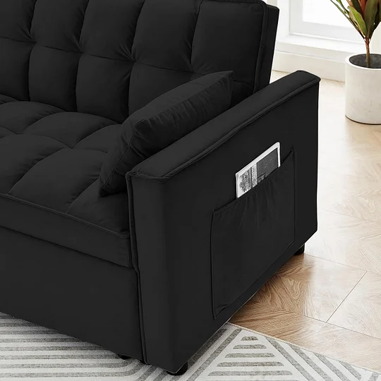 Sofá convertible de 55 pulgadas 3 en 1 sofá de terciopelo pequeño con cama extraíble, respaldo reclinable, almohadas y bolsillos, futón para sala de estar, departamento, oficina