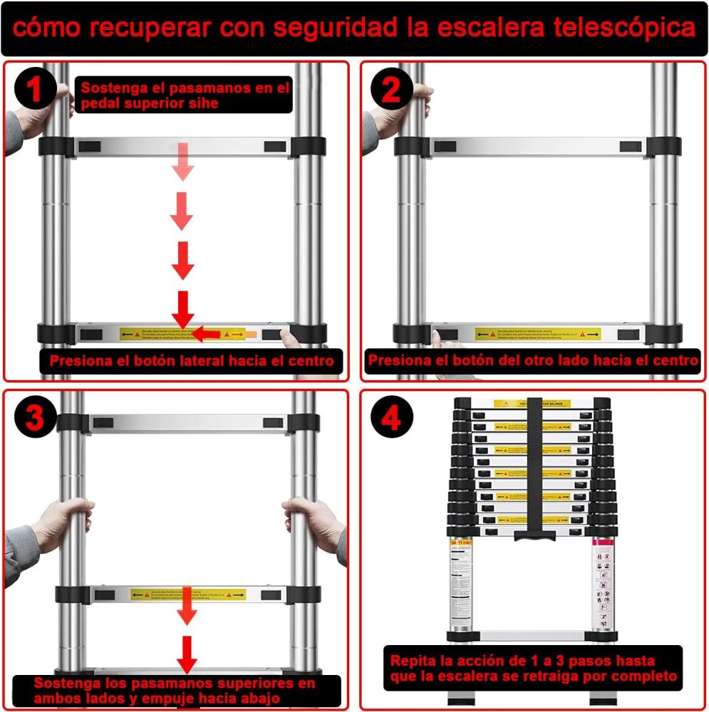 Escalera Telescópica de 3.8 Metros, Escalera de Telescópica de Aluminio Soporta 150 kg, Plegable De retracción Multiusos Extensible Compacta y Portátil De Escalón-Guantes antideslizantes anti