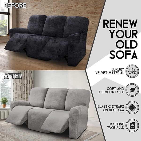Fundas de sofá reclinables de terciopelo de 8 piezas, fundas elásticas para sofá reclinable de 3 cojines, fundas para sofá reclinable, muebles