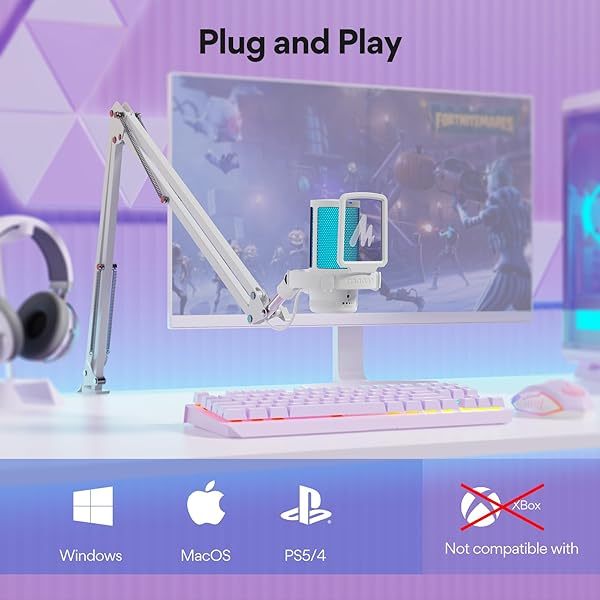 Micrófono USB para juegos, micrófono de condensador con cancelación de ruido, silenciador, ganancia, monitoreo y brazo articulado para transmisión