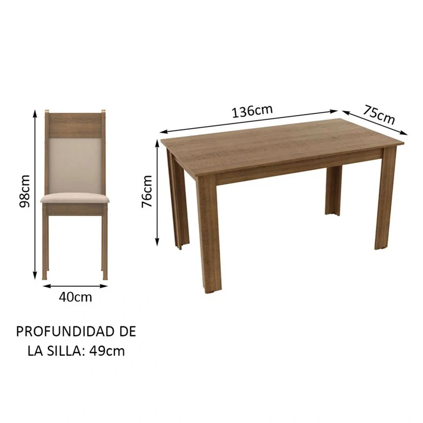 Conjunto Comedor Mesa Tapa Madera con 4 Sillas Marrón/Crema/Beige