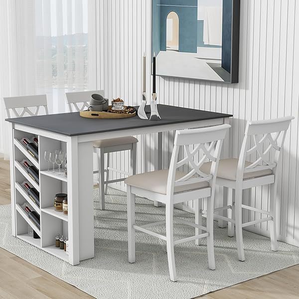 Juego de mesa de comedor de altura de mostrador con 4 sillas, mesa de cocina de madera maciza con gabinete de almacenamiento y cajón, tablero de mesa de mármol sintético, color negro