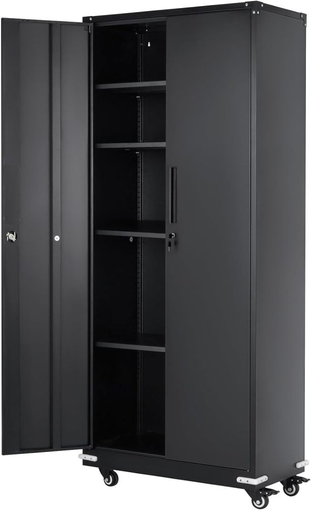 Metal Storage Cabinet with Wheels, 75'' Locking Steel Storage Cabinet with 2 Magnetic Doors and 4 Adjustable Shelves for Office, Garage, Home