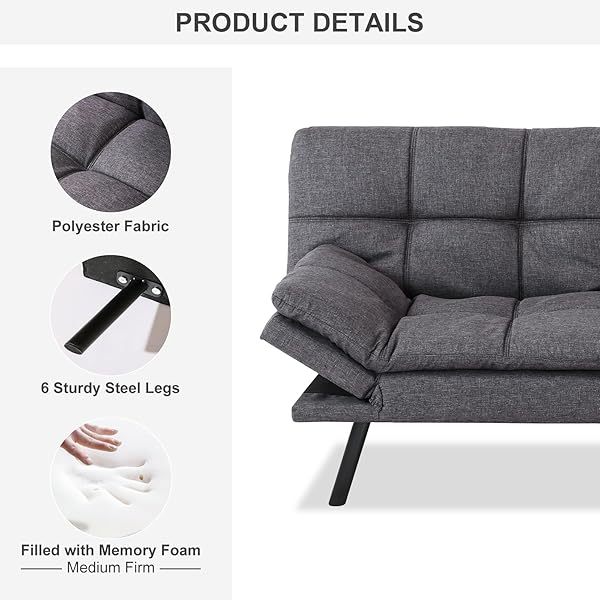 Sofá cama futón de espuma viscoelástica ajustable, sofá con respaldo convertible y reposabrazos, futón plegable, moderno futón cama para sala de estar, apartamento, oficina, habitación pequeña, sofá cama de 71 pulgadas, color negro