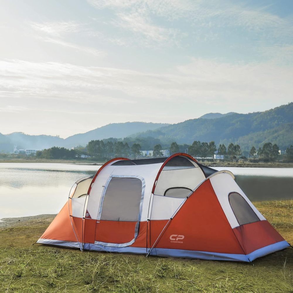 CAMPROS CP - Tienda de campaña para 9 personas, resistente al agua para 2 habitaciones, con mosca superior, 4 ventanas de malla grandes, doble capa, fácil de instalar, portátil con bolsa de transporte