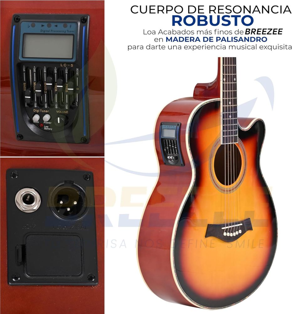 Guitarra Electroacústica de 40” Diseñada sobre Abeto, Merbau, Okume y Palisandro. Acabado de Barniz en Pulverización, Incluye Set de Accesorios Completo para Principiante