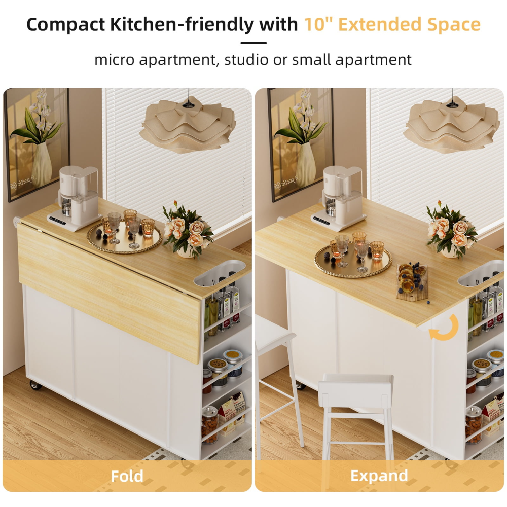Carrito de cocina con isla de 41,3" con ruedas, tablero abatible y espacio de almacenamiento, color blanco