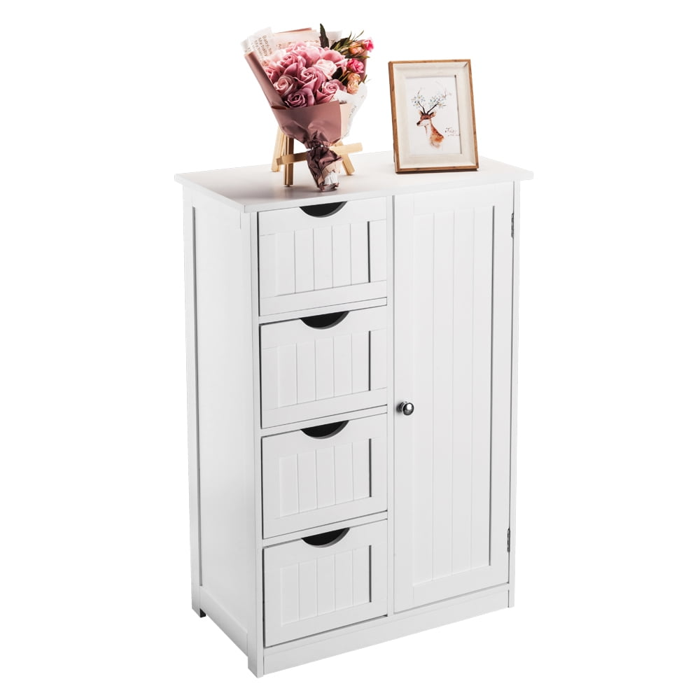 Mueble de baño de madera, organizador de almacenamiento lateral con 4 cajones, 1 armario y 2 estantes, color blanco