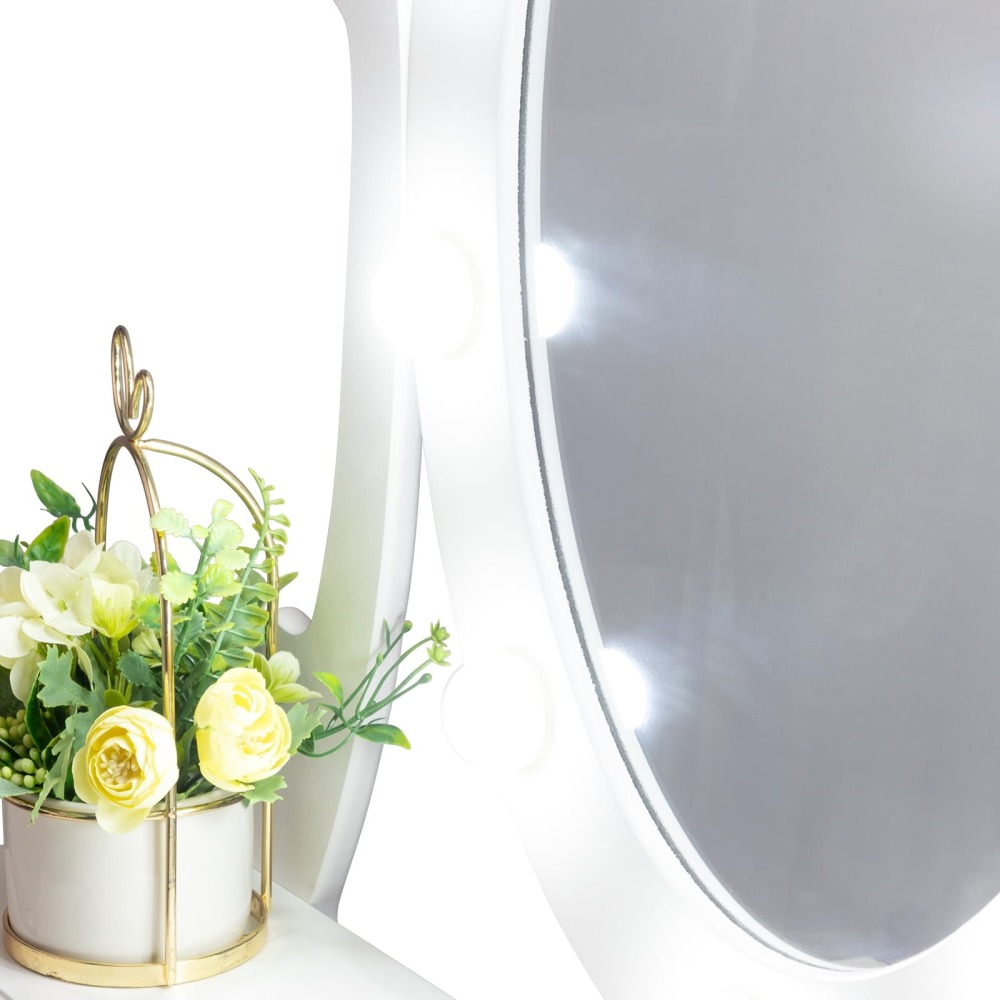 Tocador de Maquillaje con 10 Luces LED - Mesa de Vanity con 5 Cajones + Banco Acolchado - Juego Blanco para Dormitorio