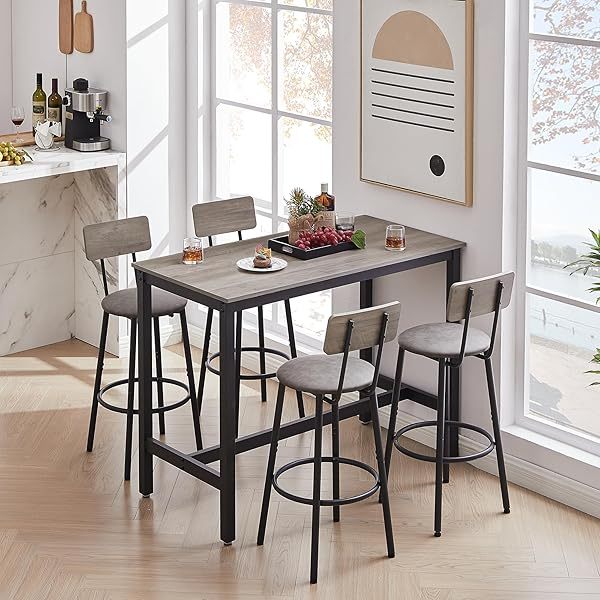 Sillas de comedor, juego de altura de mostrador industrial con respaldo tapizado y reposapiés, para el hogar y la cocina, mesa de desayuno gris, mesa de bar con 4 taburetes con asiento de PU