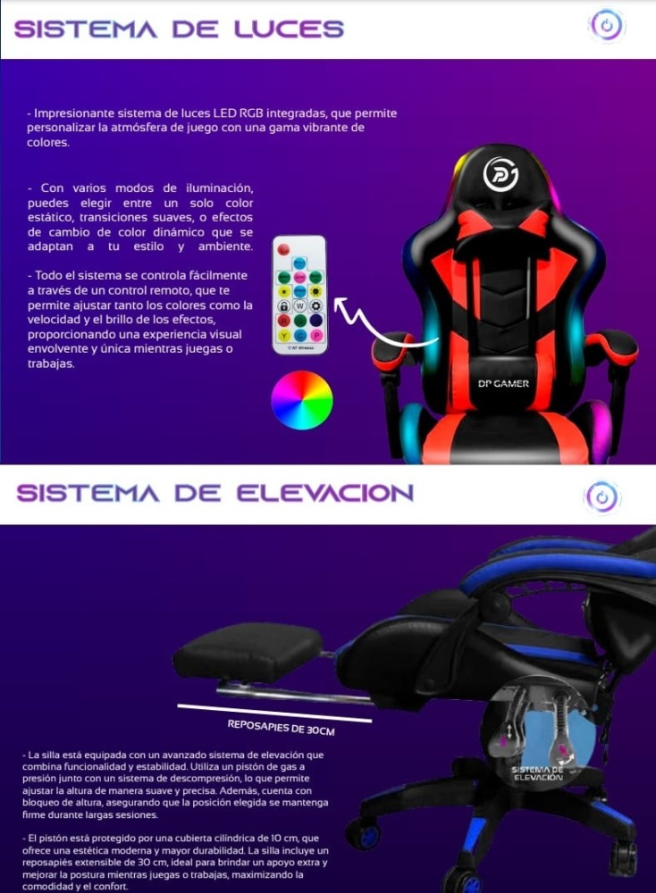 SILLA GAMER NEGRO DP PRO-LB LUZ RGB BLUETOOTH MASAJEADOR COLOR