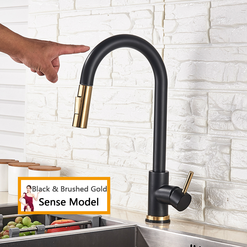 Grifo de cocina Smart Touch negro extraíble con sensor y rotación de 360 ​​grados, color negro y níquel