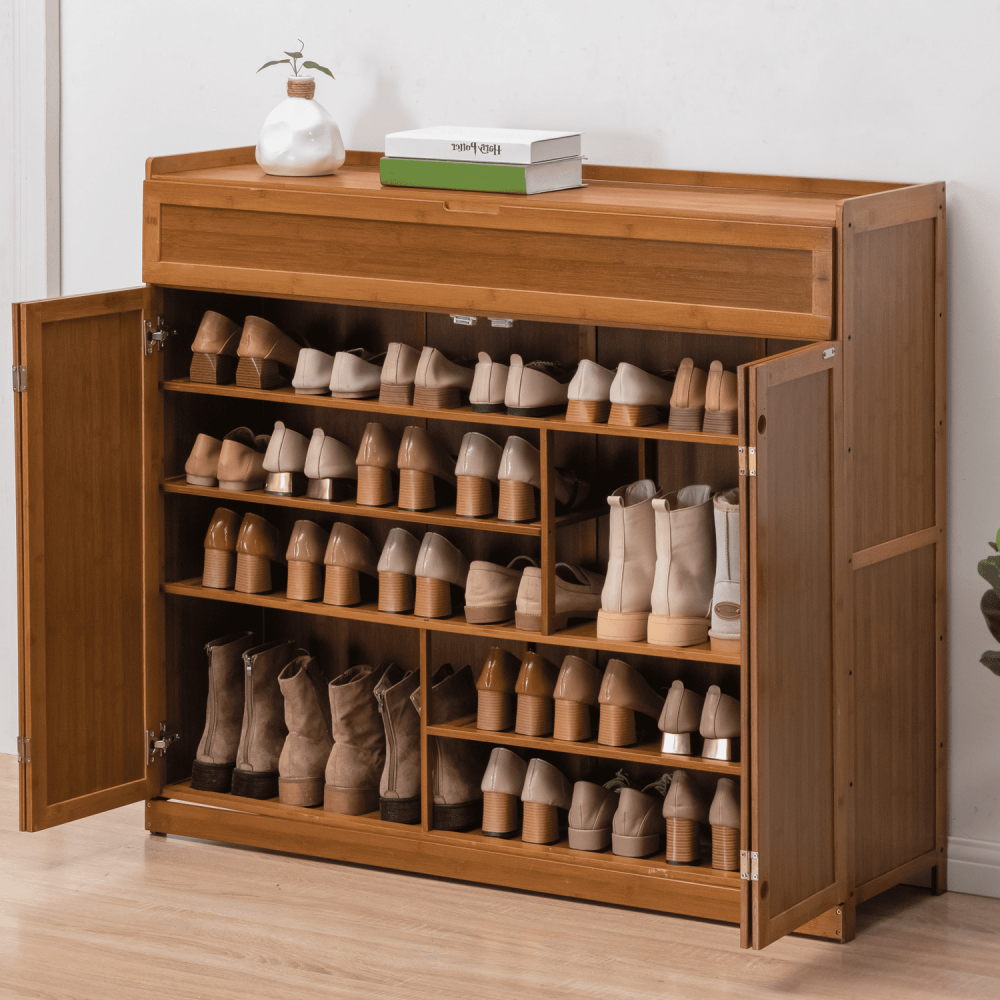 Organizador de zapatos de bambú de 6 niveles con 30 pares de zapatos y compartimento con puerta plegable para tacones y botas, color marrón