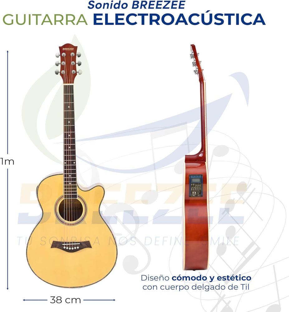 Guitarra Electroacústica de 40” Diseñada sobre Abeto, Merbau, Okume y Palisandro. Acabado de Barniz en Pulverización, Incluye Set de Accesorios Completo para Principiante