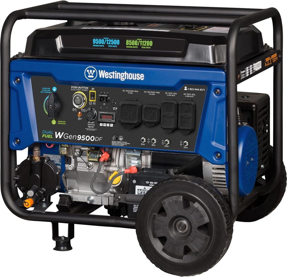 Generador portátil de 12500 W, Doble Combustible, Arranque eléctrico Remoto, Interruptor de Transferencia, Alimentado por Gas y propano