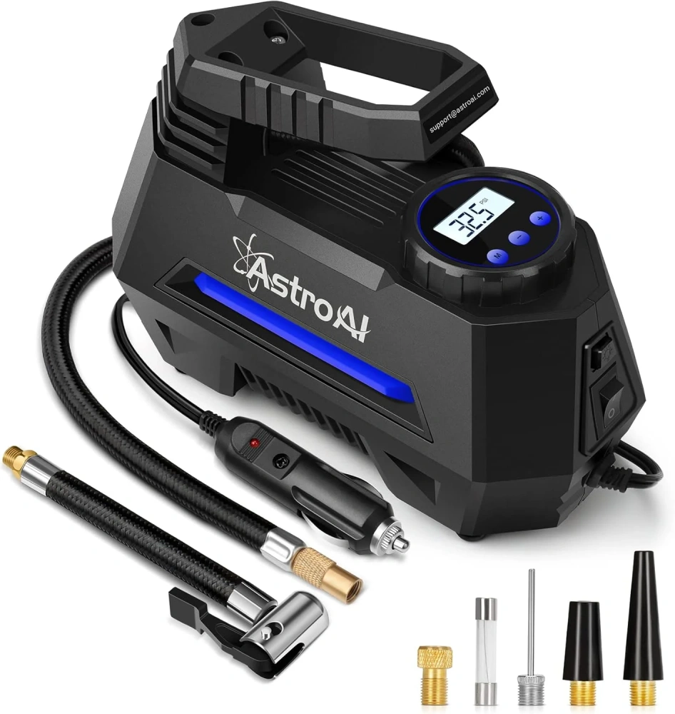 Inflador de Llantas Digital Automatico, Compresor de Aire Portatil para Auto 12V con Bomba Electrico con Pantalla LCD, Luz LED, Kit de Adaptadores y Fusible AMARILLO