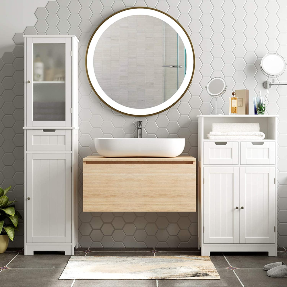Homfa - Mueble de almacenamiento para el suelo del baño, armario de madera para ropa blanca con estante ajustable, organizador independiente para la oficina y la sala de estar, color blanco