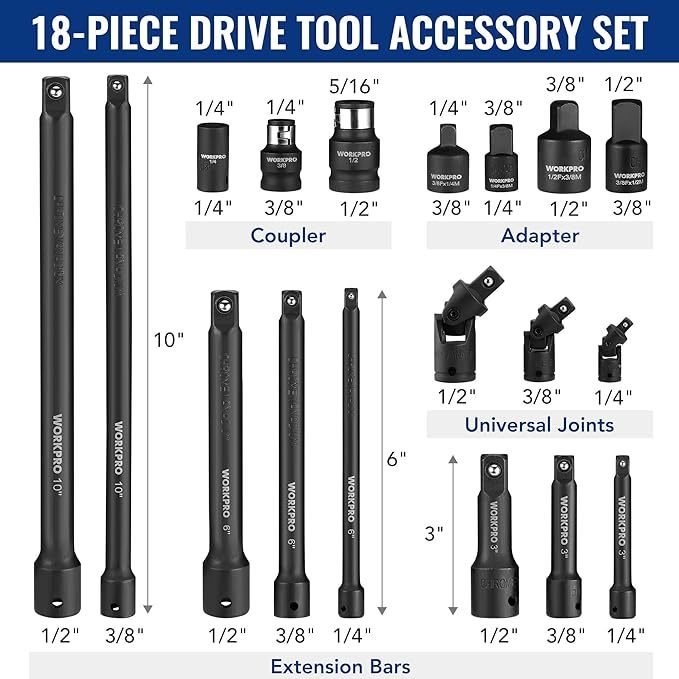 Juego de accesorios de herramientas de accionamiento de 18 piezas, incluye adaptadores de enchufe, barra de extensión de enchufe, juntas universales giratorias y acoplador de impacto, unidad de 1/4", 3/8" y 1/2"