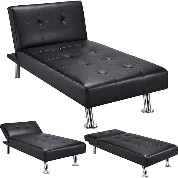 Sofá cama convertible de piel sintética, sofá futón, sofá reclinable moderno, sofá cama con patas de metal cromado