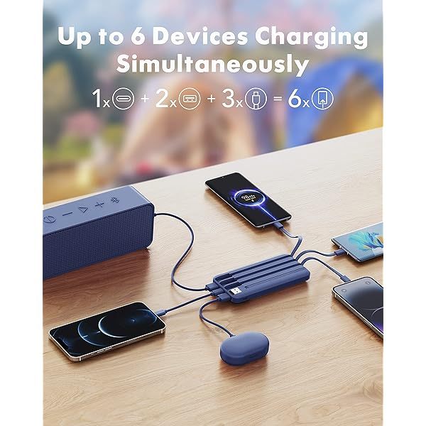 Portable Charger with Built in Cables, Portable Charger with Cords Wires Slim 10000mAh Travel Essentials Battery Pack 6 Outputs 3A High Speed Power Bank for iPhone Samsung Pixel LG Moto iPad A-Black