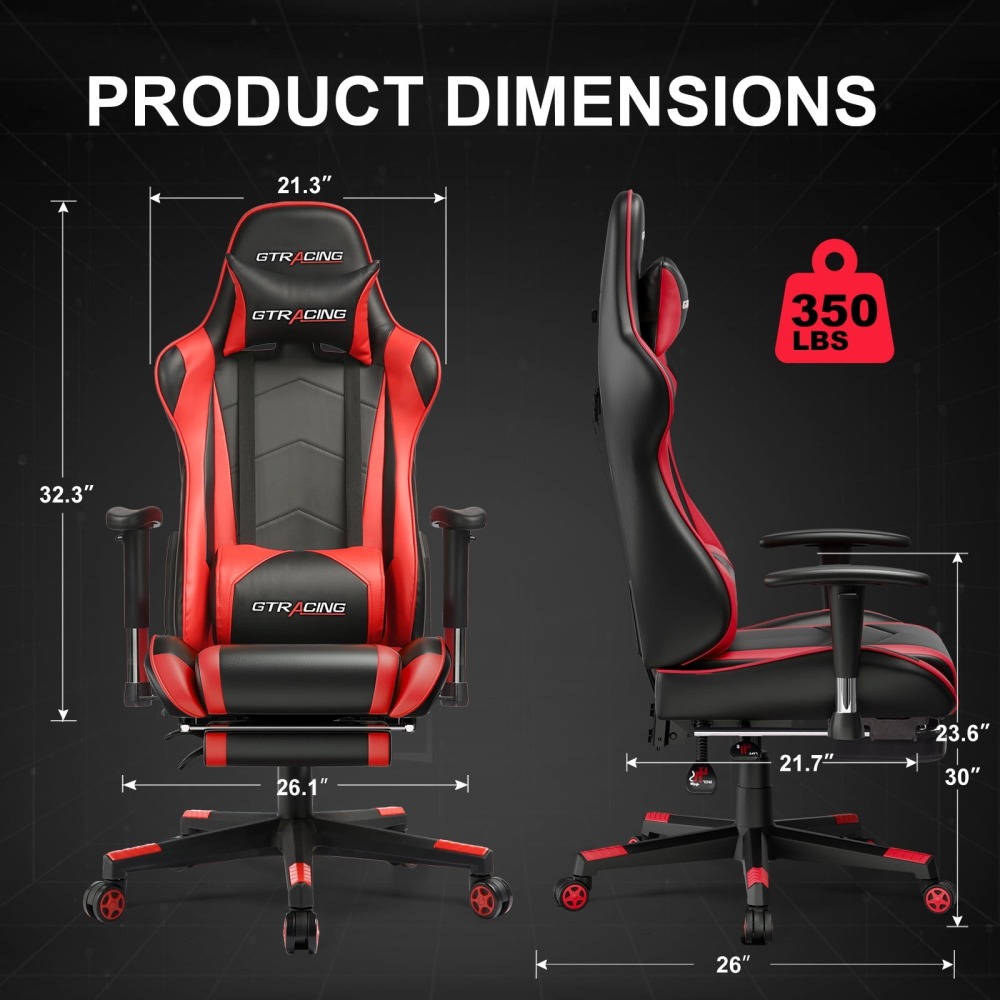 Silla gaming, silla ergonómica de escritorio con soporte lumbar, cuero sintético, reposapiés y reposacabezas ajustable.