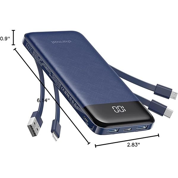 Portable Charger with Built in Cables, Portable Charger with Cords Wires Slim 10000mAh Travel Essentials Battery Pack 6 Outputs 3A High Speed Power Bank for iPhone Samsung Pixel LG Moto iPad A-Black