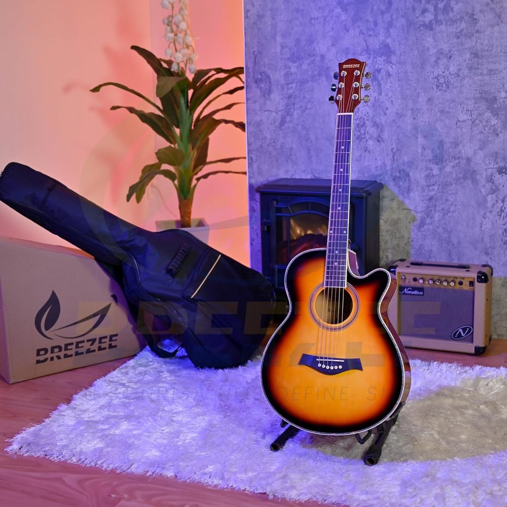 Guitarra Electroacústica de 40” Diseñada sobre Abeto, Merbau, Okume y Palisandro. Acabado de Barniz en Pulverización, Incluye Set de Accesorios Completo para Principiante
