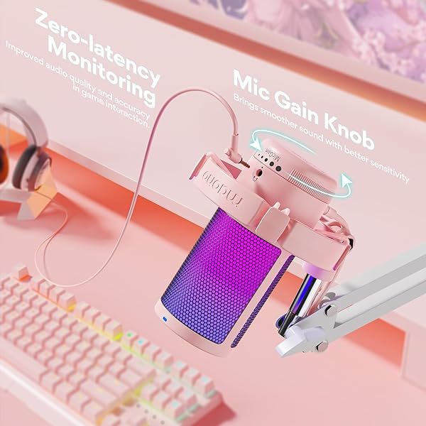 Micrófono USB para juegos, micrófono de condensador con cancelación de ruido, silenciador, ganancia, monitoreo y brazo articulado para transmisión