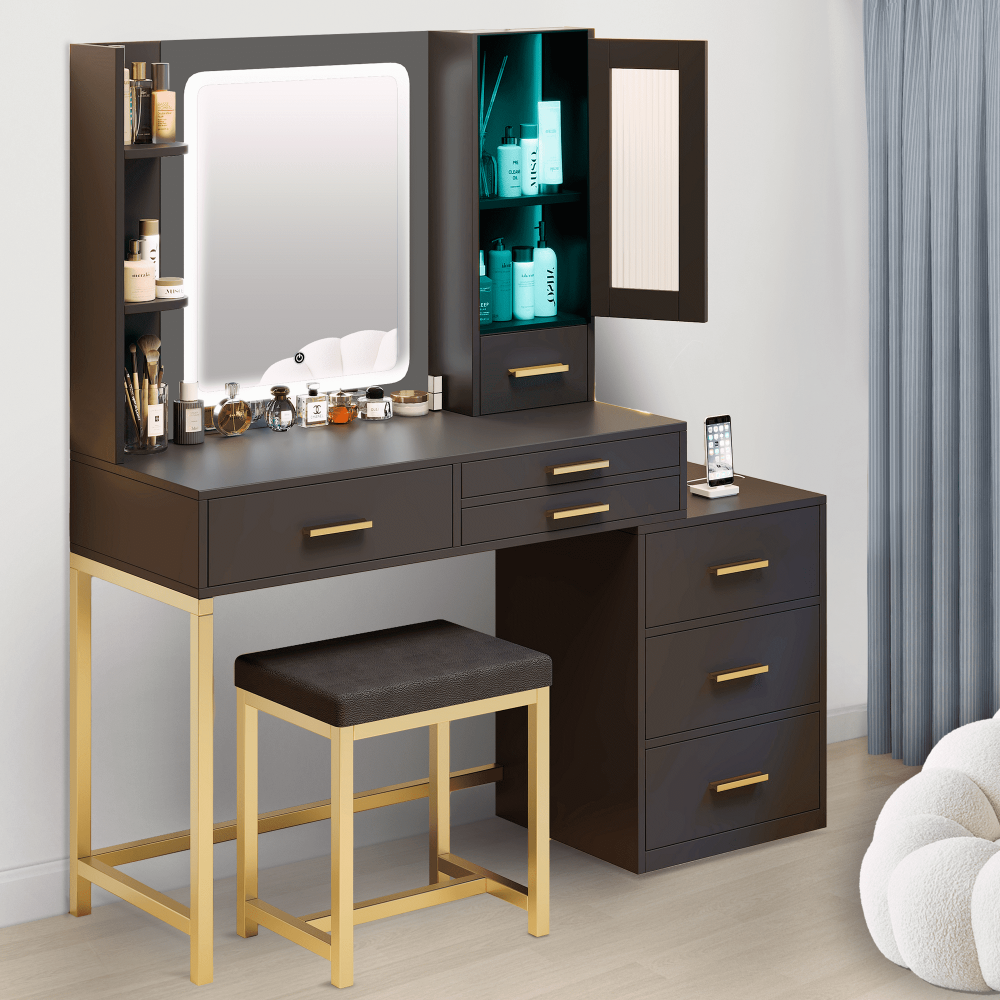 Juego de mesa de comedor para 4, mesa de comedor de 43,3" con 4 sillas tapizadas de cuero sintético, juego de tocador para maquillaje