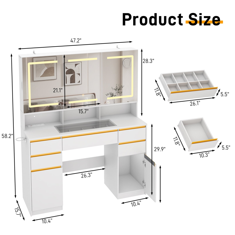 Tocador grande de 47" con espejo con luz LED, toma de corriente y 7 cajones, juego de tocador con taburete de almacenamiento y soporte para secador de pelo.