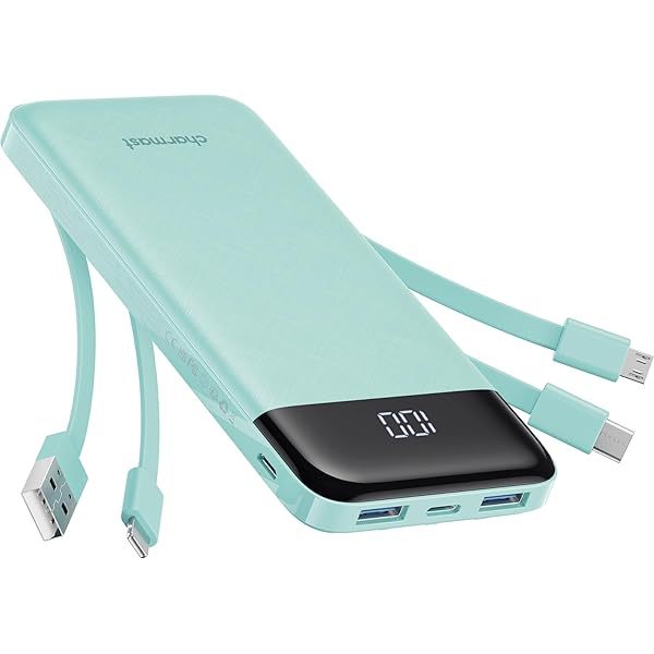 Portable Charger with Built in Cables, Portable Charger with Cords Wires Slim 10000mAh Travel Essentials Battery Pack 6 Outputs 3A High Speed Power Bank for iPhone Samsung Pixel LG Moto iPad A-Black
