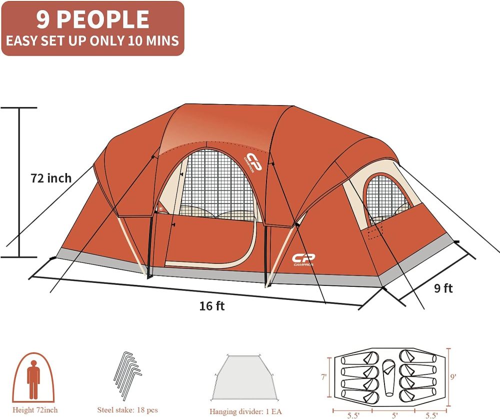 CAMPROS CP - Tienda de campaña para 9 personas, resistente al agua para 2 habitaciones, con mosca superior, 4 ventanas de malla grandes, doble capa, fácil de instalar, portátil con bolsa de transporte
