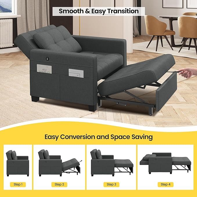 Sofá cama convertible de futón 3 en 1, sofá con respaldo ajustable, 2 puertos USB para sala de estar, recámara, espacio pequeño, gris oscuro