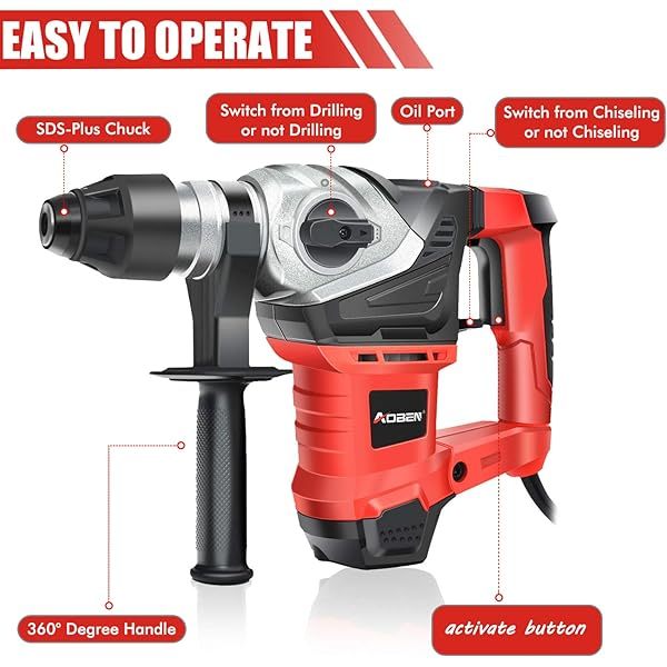 Taladro percutor rotativo con control de vibración y embrague de seguridad, martillo demoledor para hormigón, incluye 3 brocas, cinceles planos y puntiagudos, 13 amperios