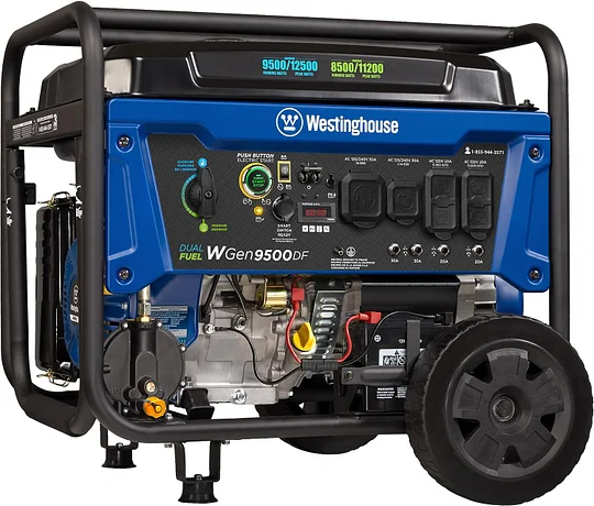 Generador portátil Westinghouse de 12500 W, combustible dual, arranque eléctrico remoto, interruptor de transferencia, alimentado por gas natural y propano
