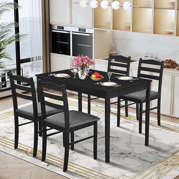 Dining Table Set for 4, 5-Piece Wood Modern Rectangular Dining Table Set for Home with 4 Upholstered Chairs