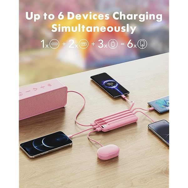 Portable Charger with Built in Cables, Portable Charger with Cords Wires Slim 10000mAh Travel Essentials Battery Pack 6 Outputs 3A High Speed Power Bank for iPhone Samsung Pixel LG Moto iPad A-Black