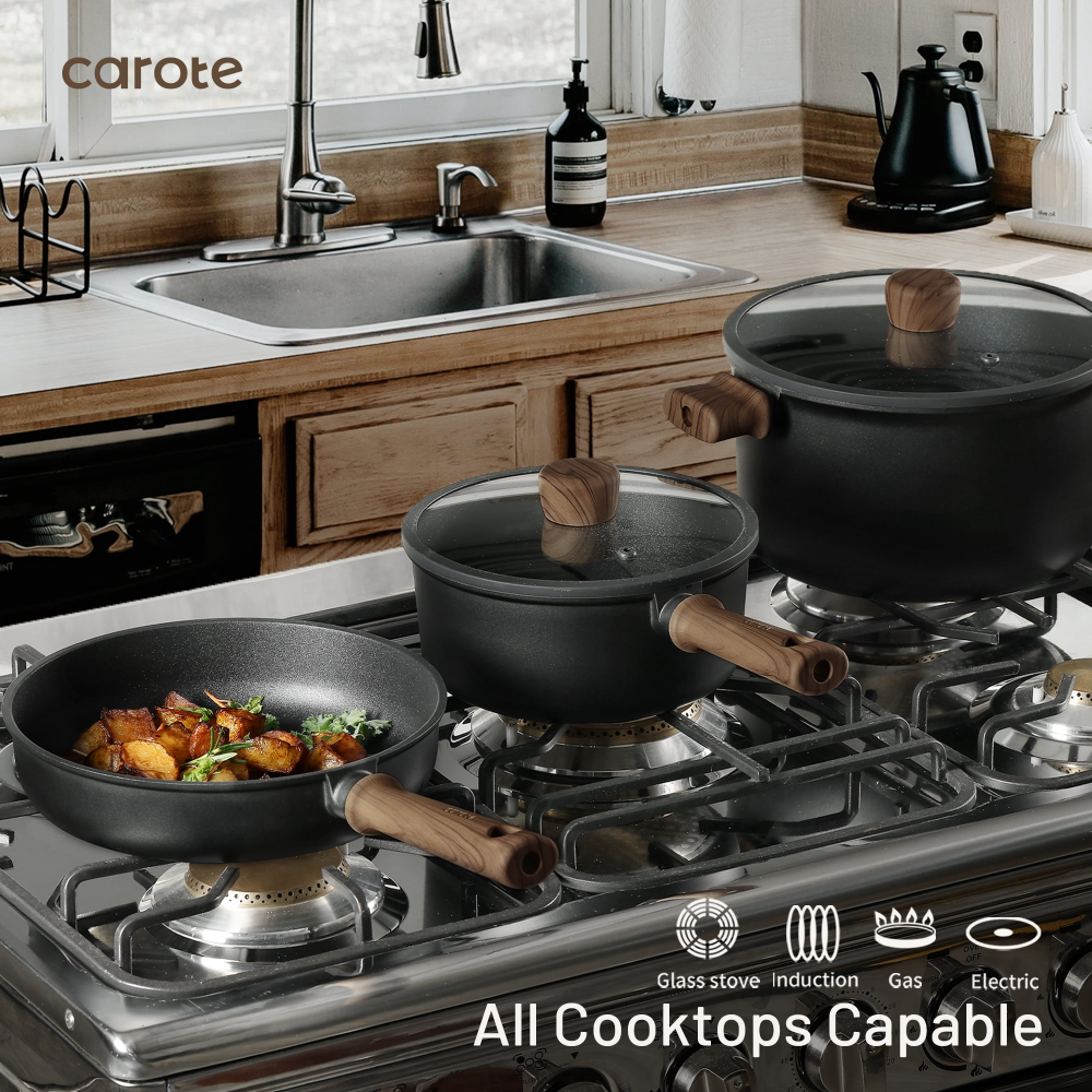 Juegos de utensilios de cocina antiadherentes, juego de 15 ollas y sartenes antiadherentes de granito, utensilios de cocina de inducción, color negro