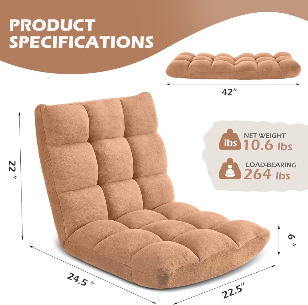 Folding Floor Gaming Chair Cushioned Adjustable Lazy Sofa Chair/Flannel for Adults&Kids Perfect for ReadingGamingCamel