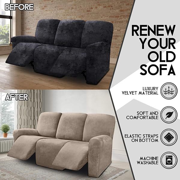 Fundas de sofá reclinables de terciopelo de 8 piezas, fundas elásticas para sofá reclinable de 3 cojines, fundas para sofá reclinable, muebles