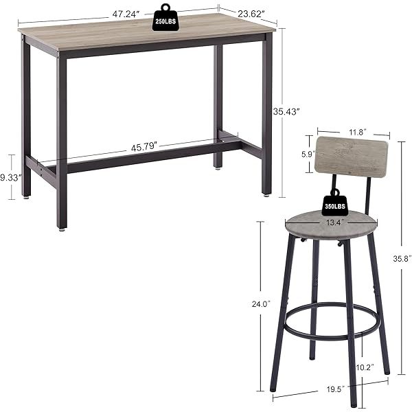 Sillas de comedor, juego de altura de mostrador industrial con respaldo tapizado y reposapiés, para el hogar y la cocina, mesa de desayuno gris, mesa de bar con 4 taburetes con asiento de PU
