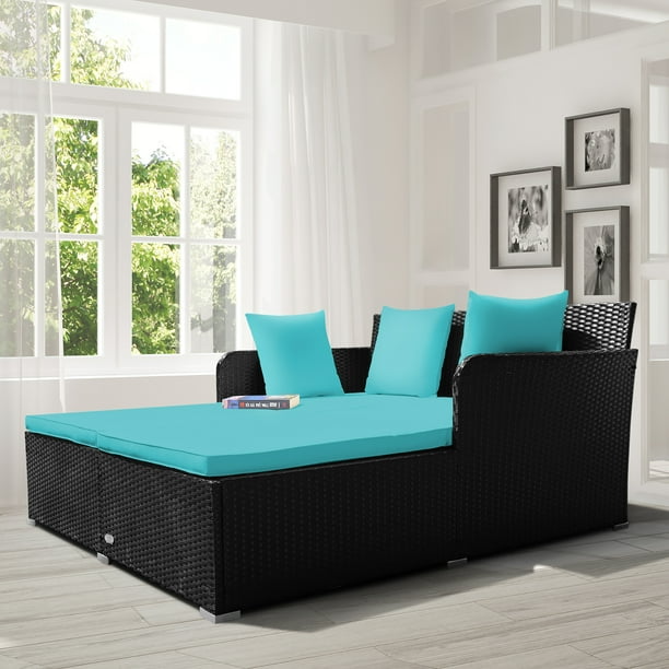 Costway Sofá Cama de Ratán para Exteriores con Cojines y Cojines, Color TurquesaCostway Sofá Cama de Ratán para Exteriores con Cojines y Cojines, Color Turquesa