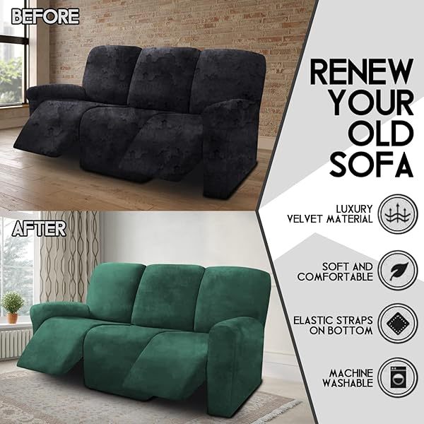 Fundas de sofá reclinables de terciopelo de 8 piezas, fundas elásticas para sofá reclinable de 3 cojines, fundas para sofá reclinable, muebles