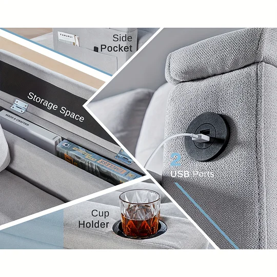 Sofá cama capitoné extra grande de 84" con almacenamiento - 2 puertos USB, portavasos, sillón reclinable en forma de L, estructura de madera maciza y estilo contemporáneo - Gris claro