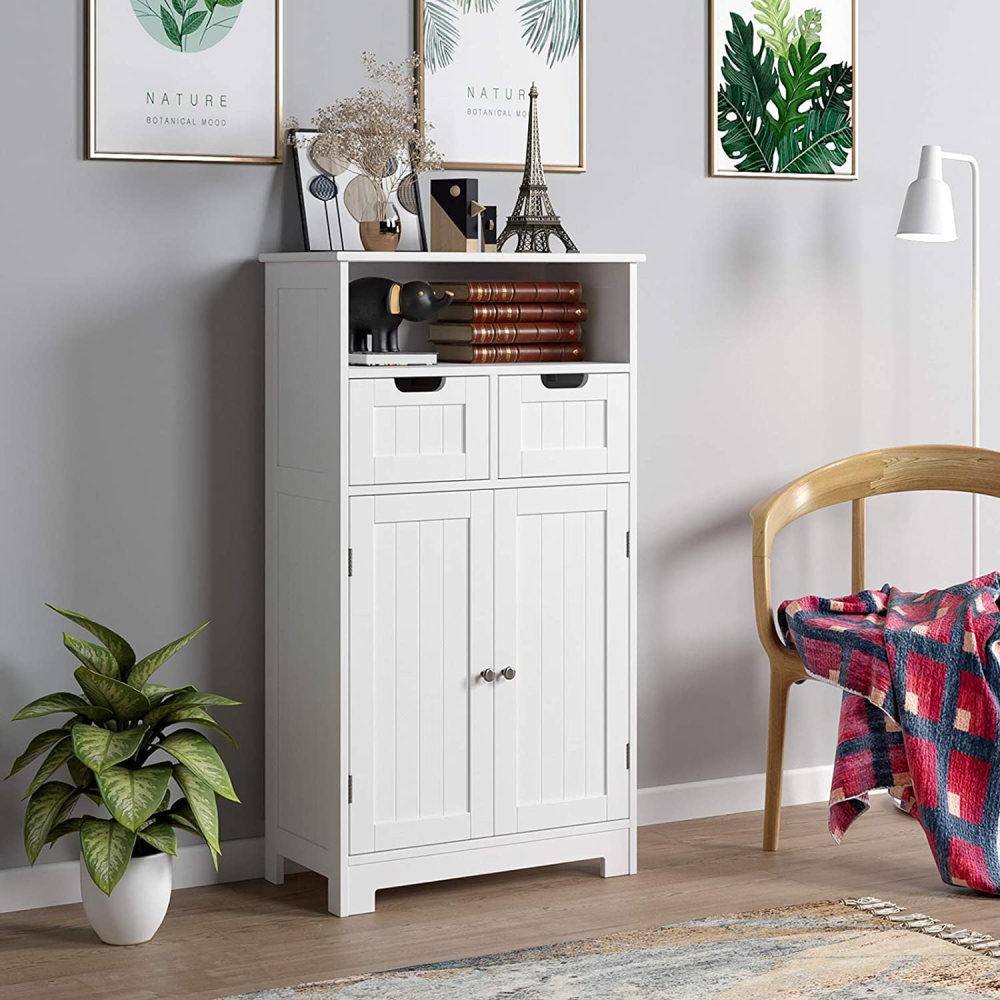 Homfa - Mueble de almacenamiento para el suelo del baño, armario de madera para ropa blanca con estante ajustable, organizador independiente para la oficina y la sala de estar, color blanco