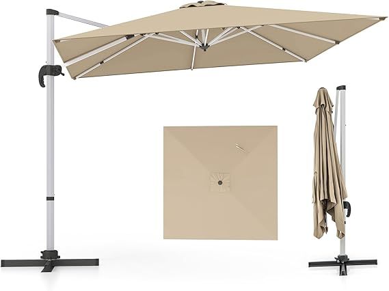 COSTWAY Sombrilla Terraza Exterior rectangular con Base 3x3m, Parasol Jardin Excentrico, Rotación de 360°, Inclinación Ajustable, Guarda Sol Jardin Exterior, Manivela y Base en Cruz