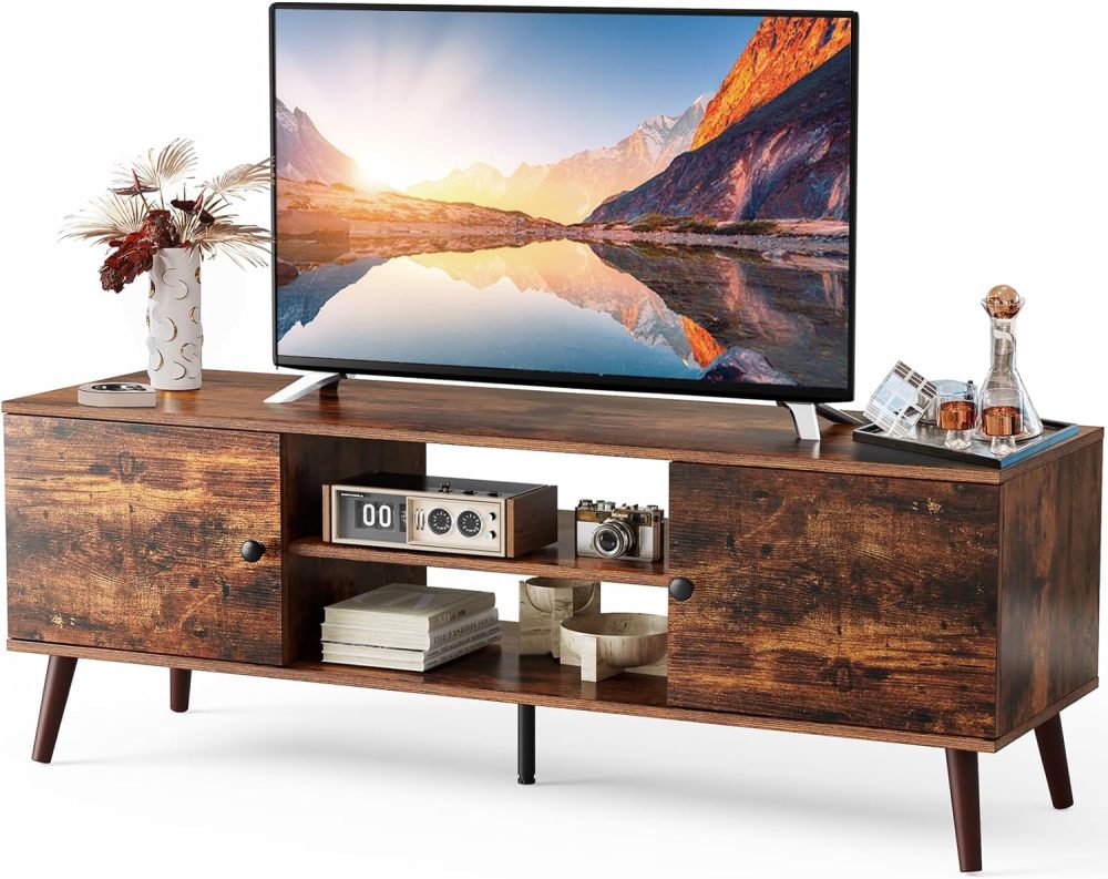 Soporte de TV para TV de 55 a 60 Pulgadas, Centro de Entretenimiento con clóset de Almacenamiento, Mesa Moderna de Consola Multimedia de Mediados de Siglo, bisagra Ajustable, Muebles de