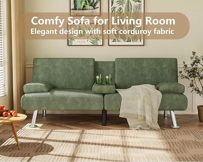 Futón sofá cama, sofá plegable de pana ajustable, sofá cama para apartamentos pequeños, juego de muebles tapizados para sala de estar con 2 soportes para tazas (verde)
