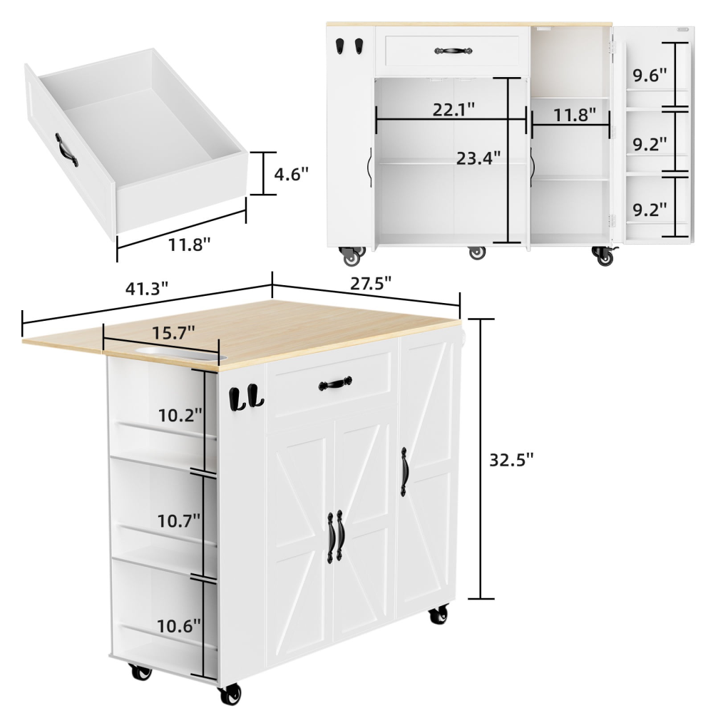 Carrito de cocina con isla de 41,3" con ruedas, tablero abatible y espacio de almacenamiento, color blanco